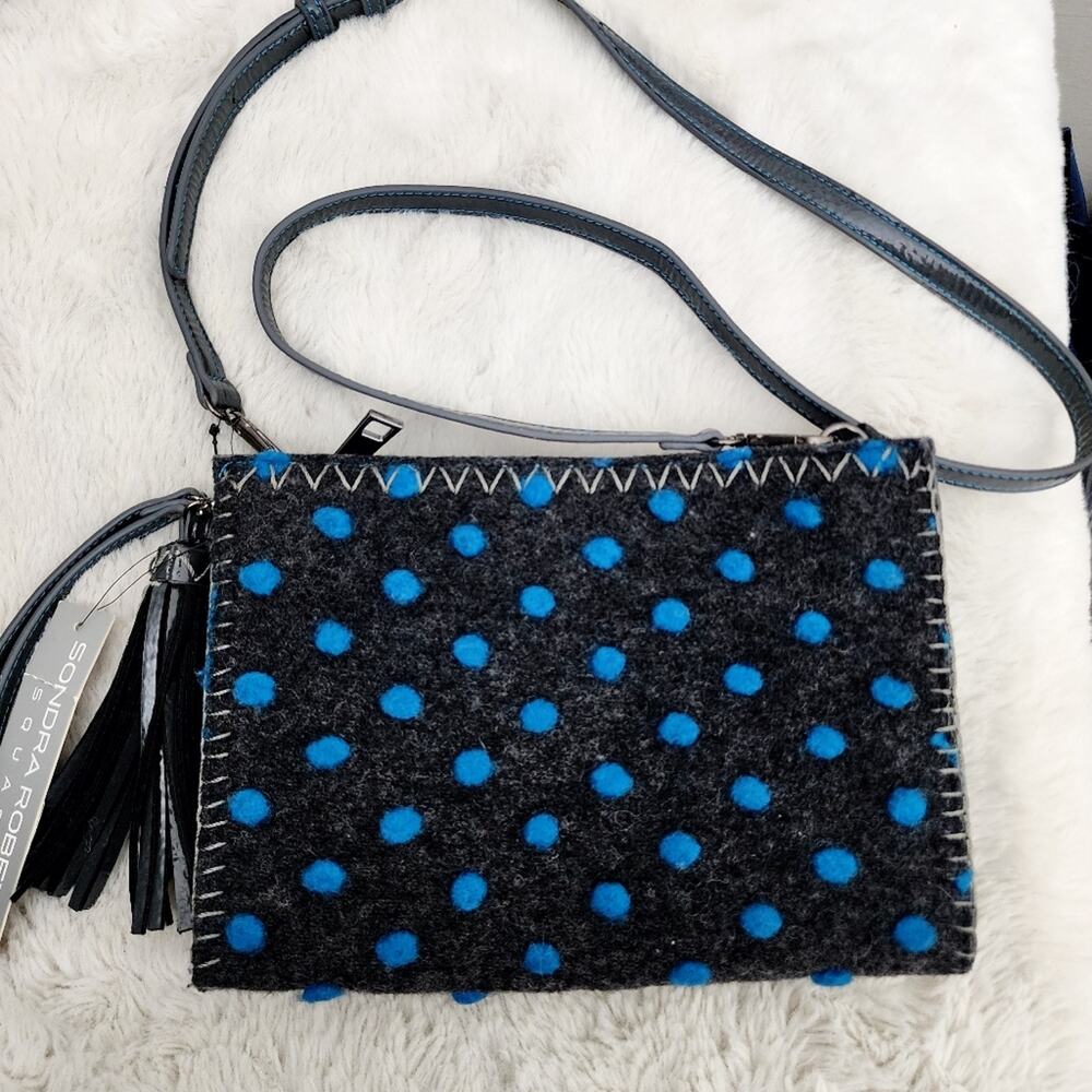 Sondra Roberts Felt Pompom Clutch Crossbody Bag Grey Blue Polka Dot Tassel NWT